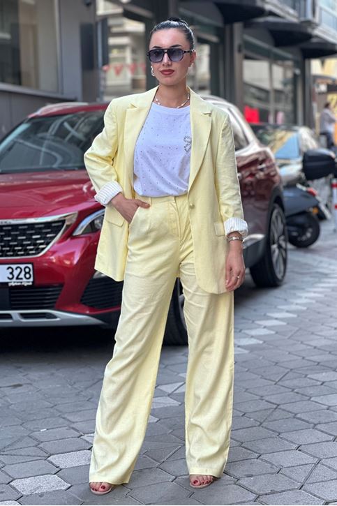 Yüksek Bel Bol Paça Keten Palazzo Pantolon-Sarı