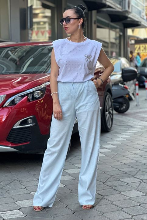 Yüksek Bel Bol Paça Keten Palazzo Pantolon-Bebe Mavi