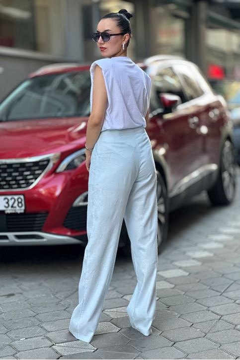 Yüksek Bel Bol Paça Keten Palazzo Pantolon-Bebe Mavi