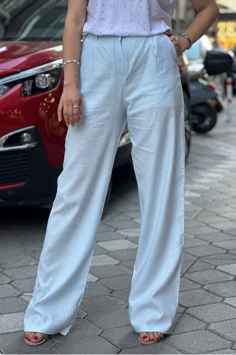 Yüksek Bel Bol Paça Keten Palazzo Pantolon-Bebe Mavi