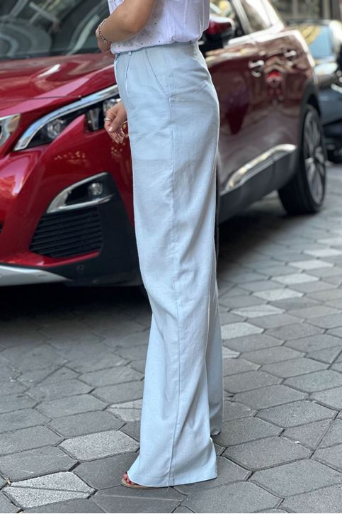 Yüksek Bel Bol Paça Keten Palazzo Pantolon-Bebe Mavi