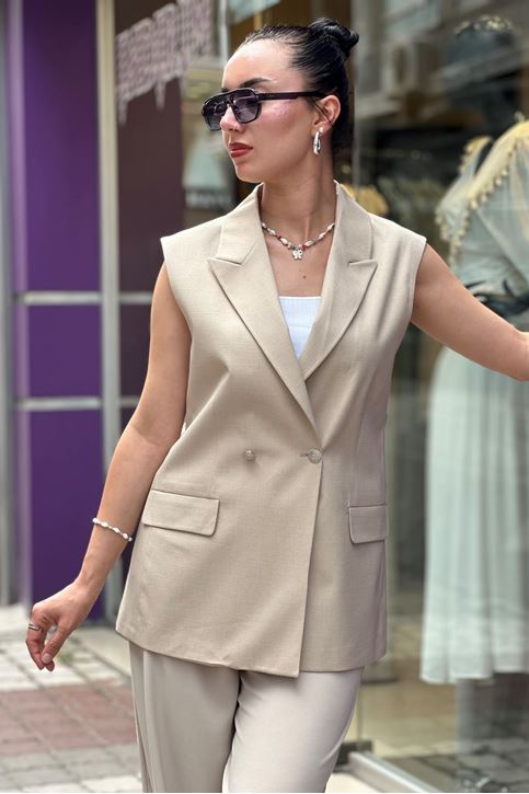 Çift Düğme Uzun Astarlı Yelek-Krem