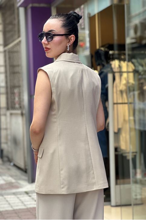 Çift Düğme Uzun Astarlı Yelek-Krem