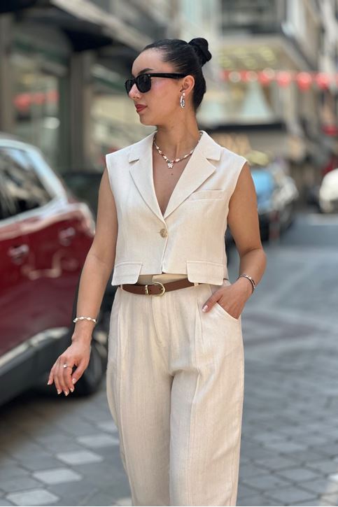 Cep Kapak Detay Gold Düğme Keten Yelek Takım-Krem