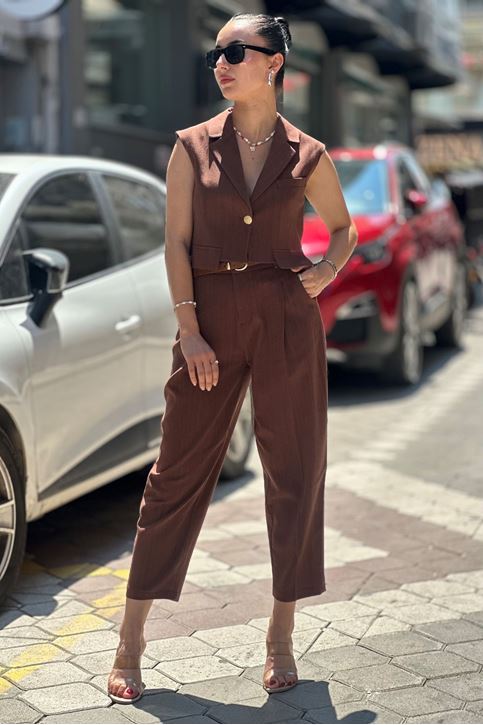 Cep Kapak Detay Gold Düğme Keten Yelek Takım-Kahve