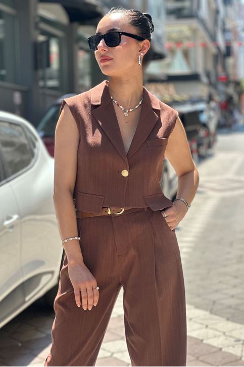 Cep Kapak Detay Gold Düğme Keten Yelek Takım-Kahve