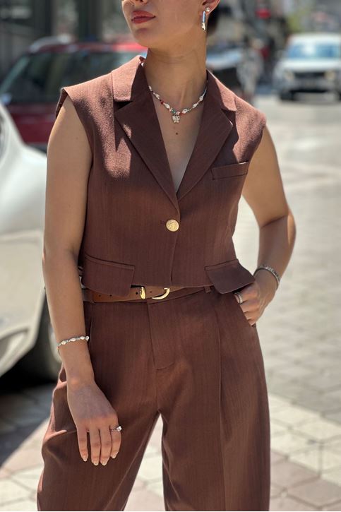 Cep Kapak Detay Gold Düğme Keten Yelek Takım-Kahve