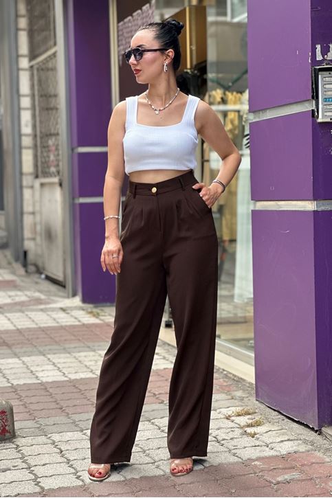 Arka Bel Lastikli Yüksek Bel Bol Paça Palazzo Pantolon-Kahve