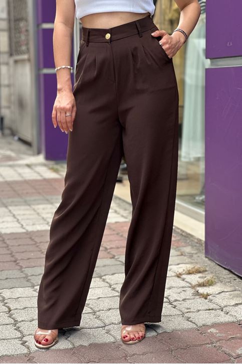 Arka Bel Lastikli Yüksek Bel Bol Paça Palazzo Pantolon-Kahve