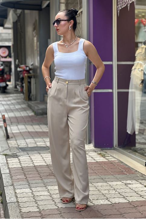 Arka Bel Lastikli Yüksek Bel Bol Paça Palazzo Pantolon-Krem