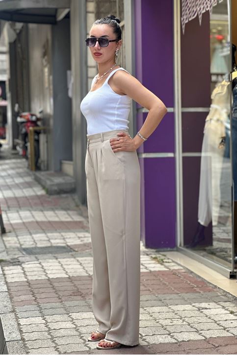 Arka Bel Lastikli Yüksek Bel Bol Paça Palazzo Pantolon-Krem