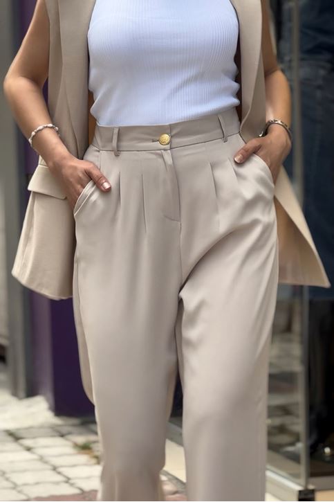 Arka Bel Lastikli Yüksek Bel Bol Paça Palazzo Pantolon-Krem