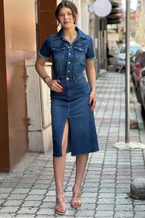 Ön Yırtmaç Detay Etekli Likralı Kot Elbise-Mavi