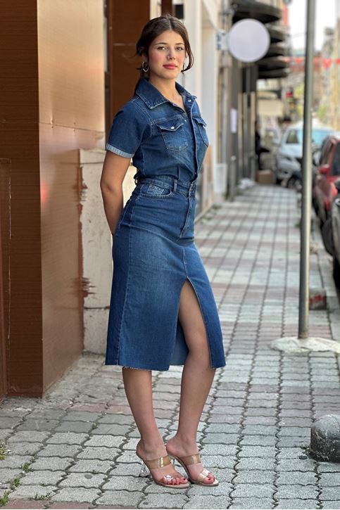 Ön Yırtmaç Detay Etekli Likralı Kot Elbise-Mavi