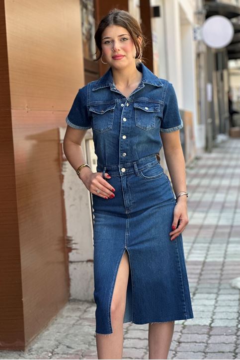 Ön Yırtmaç Detay Etekli Likralı Kot Elbise-Mavi