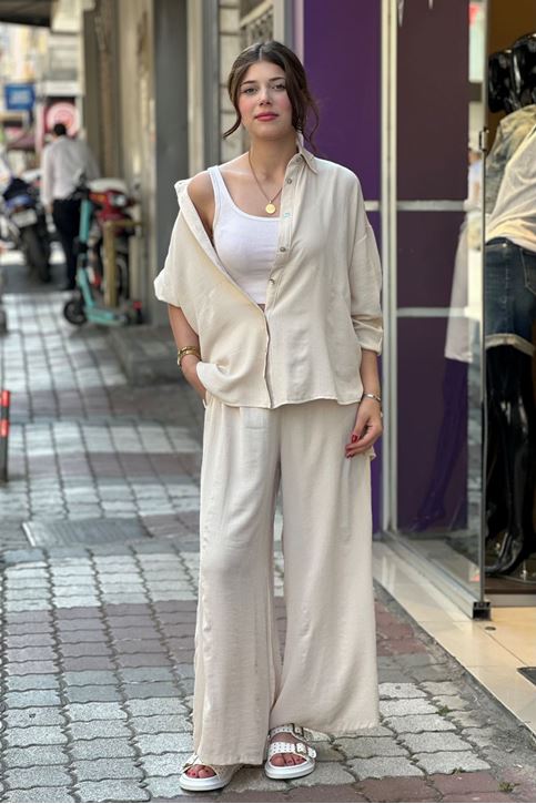 Bol Paça Salaş Kesim Keten İkili Takım-Krem