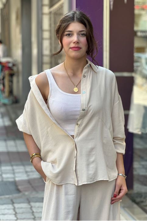 Bol Paça Salaş Kesim Keten İkili Takım-Krem