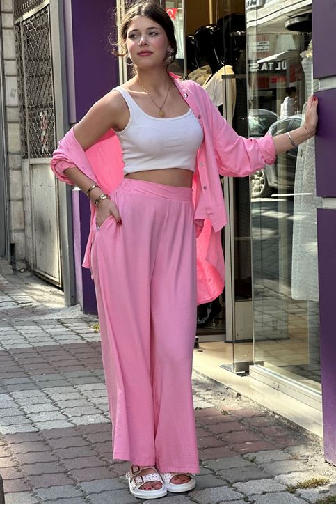 Bol Paça Salaş Kesim Keten İkili Takım-Pembe