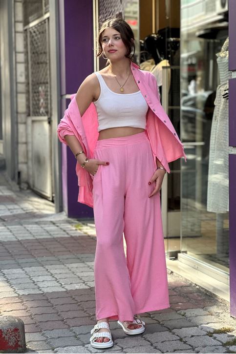 Bol Paça Salaş Kesim Keten İkili Takım-Pembe