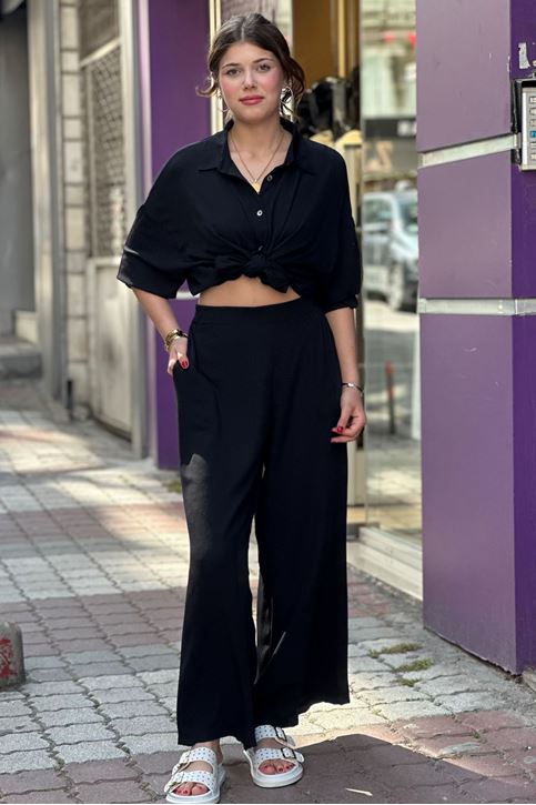 Bol Paça Salaş Kesim Keten İkili Takım-Siyah