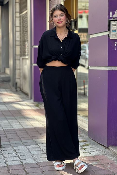 Bol Paça Salaş Kesim Keten İkili Takım-Siyah