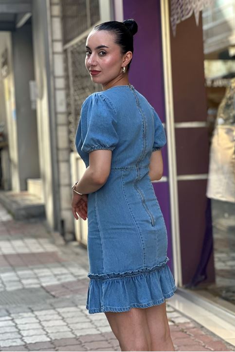 Karpuz Kol Eteği Volanlı Mini Kot Elbise-Mavi