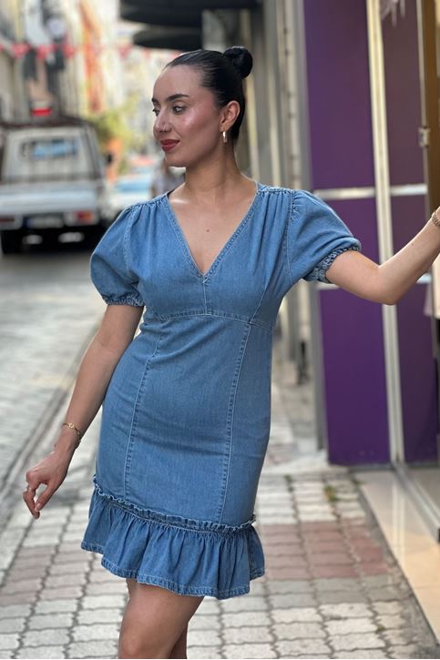 Karpuz Kol Eteği Volanlı Mini Kot Elbise-Mavi