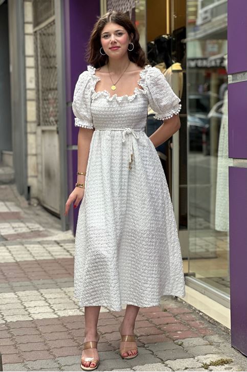 Karpuz Kol Midi Boy Fisto Elbise-Beyaz