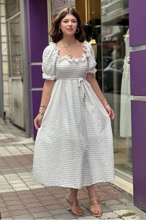 Karpuz Kol Midi Boy Fisto Elbise-Beyaz