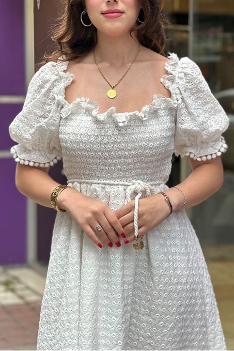 Karpuz Kol Midi Boy Fisto Elbise-Beyaz