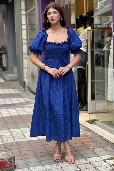 Karpuz Kol Midi Boy Fisto Elbise-Saksmavi