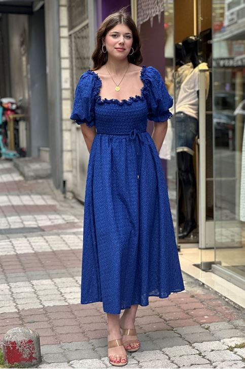 Karpuz Kol Midi Boy Fisto Elbise-Saksmavi