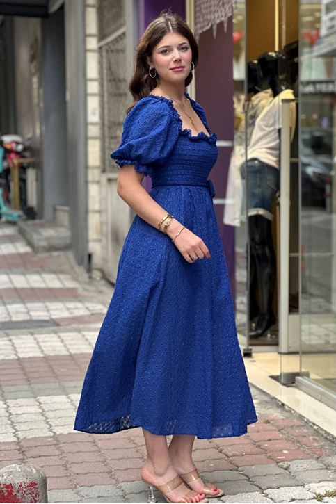 Karpuz Kol Midi Boy Fisto Elbise-Saksmavi