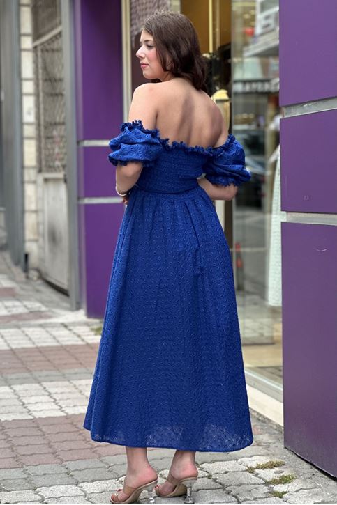 Karpuz Kol Midi Boy Fisto Elbise-Saksmavi