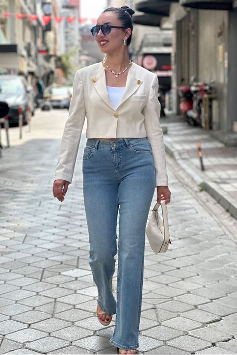 Omuz Vatka Gold Düğme Mini Keten Ceket-Krem