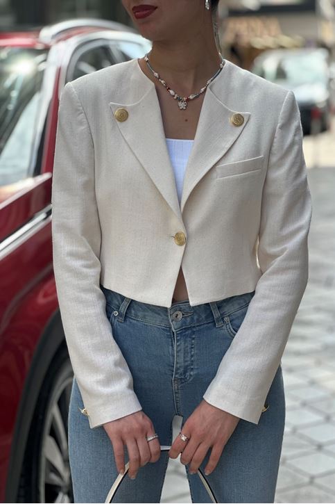 Omuz Vatka Gold Düğme Mini Keten Ceket-Krem