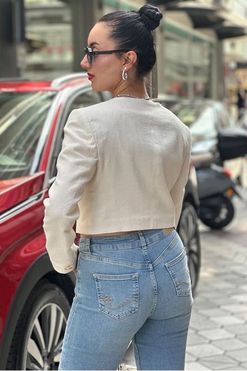 Omuz Vatka Gold Düğme Mini Keten Ceket-Krem