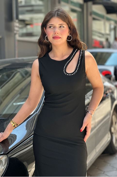 Yaka İnci Detay Pencereli Uzun Yırtmaçlı Elbise-Siyah