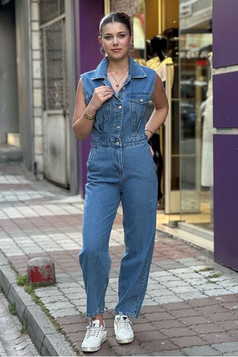 Cepli Yelekli Kot Tulum-Mavi