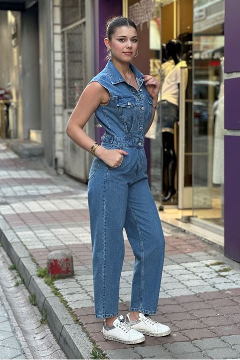 Cepli Yelekli Kot Tulum-Mavi