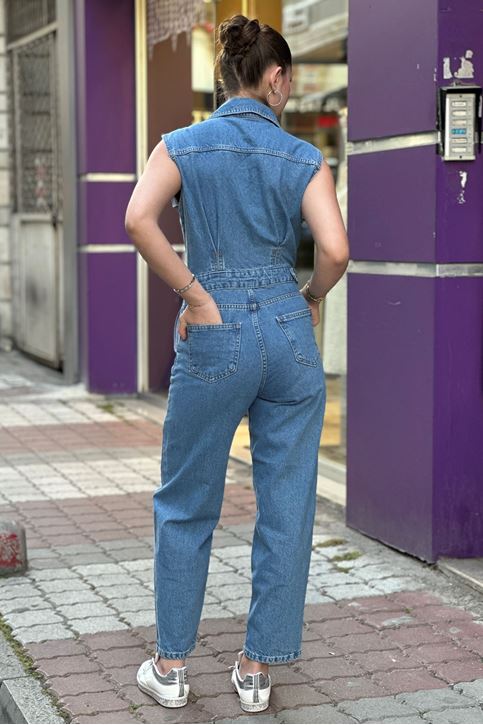 Cepli Yelekli Kot Tulum-Mavi