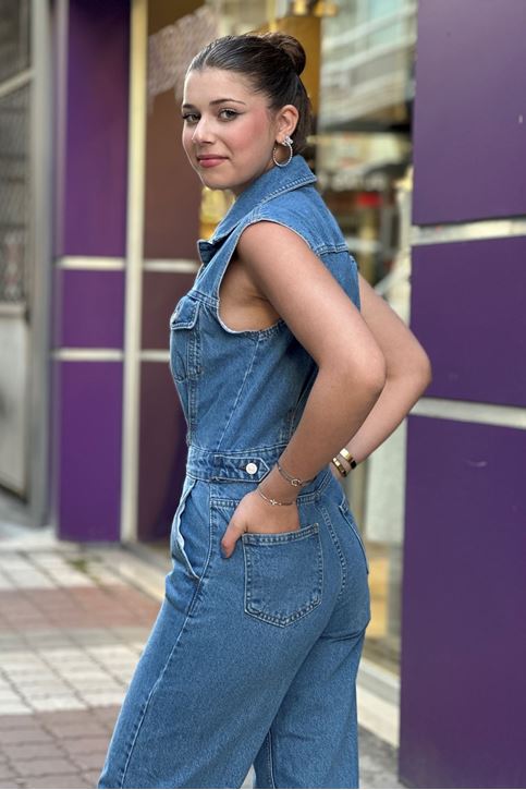 Cepli Yelekli Kot Tulum-Mavi