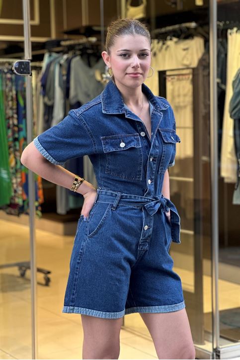 Çift Cepli Bel Kuşak Detaylı Kot Şort Tulum-Mavi