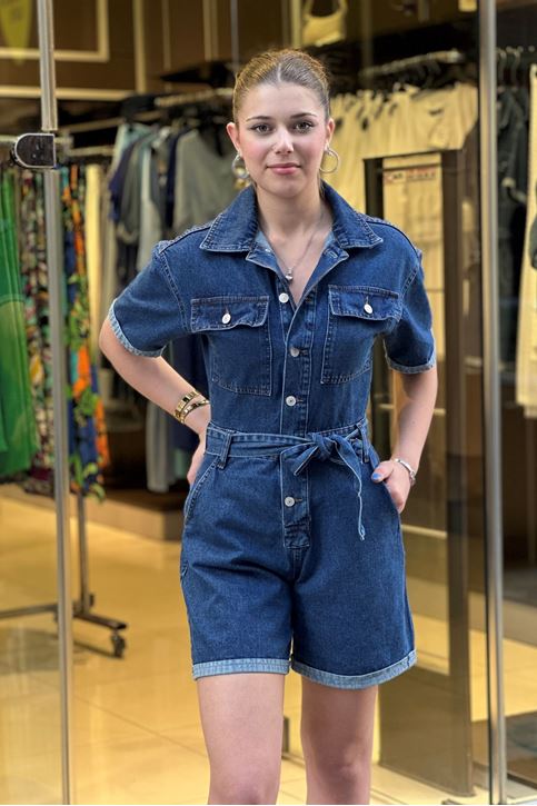 Çift Cepli Bel Kuşak Detaylı Kot Şort Tulum-Mavi