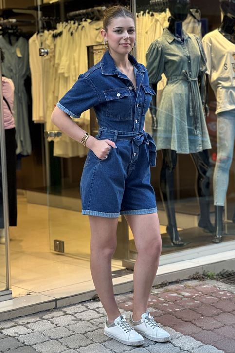 Çift Cepli Bel Kuşak Detaylı Kot Şort Tulum-Mavi