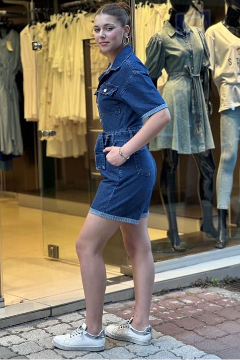 Çift Cepli Bel Kuşak Detaylı Kot Şort Tulum-Mavi