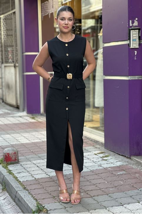 Bel Kemer Detaylı Düğmeli Midi Boy Elbise-Siyah