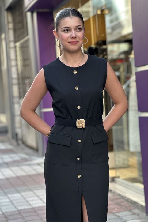 Bel Kemer Detaylı Düğmeli Midi Boy Elbise-Siyah