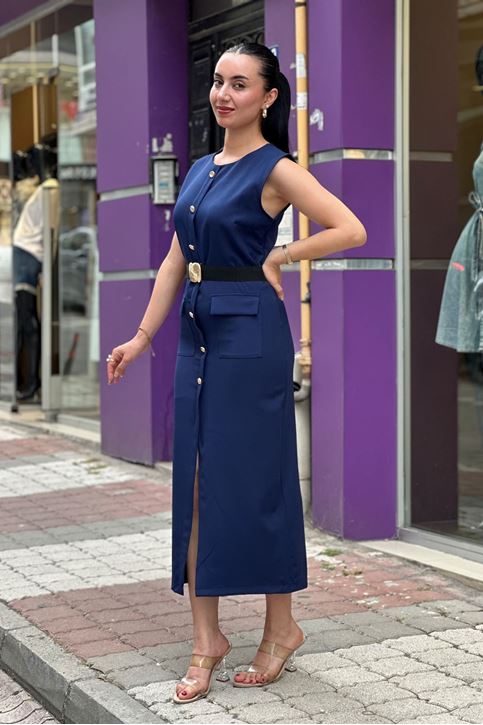 Bel Kemer Detaylı Düğmeli Midi Boy Elbise-Lacivert