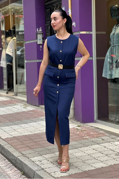 Bel Kemer Detaylı Düğmeli Midi Boy Elbise-Lacivert